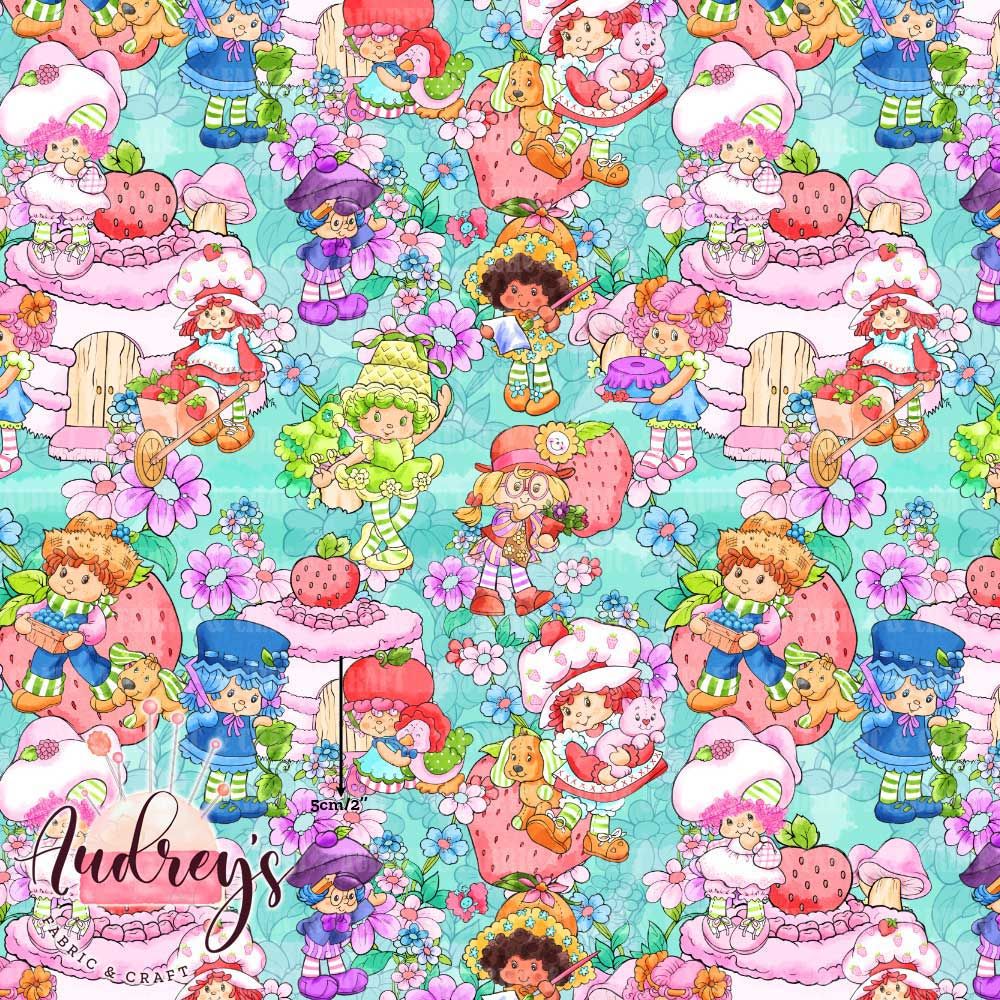 Strawberry Shortcake, Teal | Digital-Print Custom Cotton Lycra 240gsm | 150cm wide