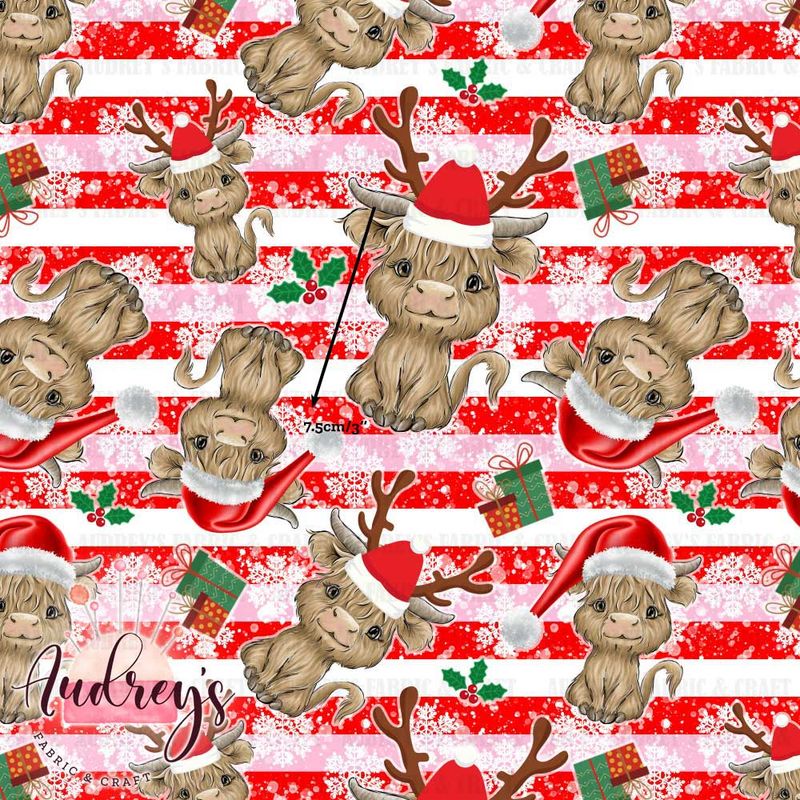 Highland Cow Xmas, Pink Stripes | Digital-Print Custom Cotton Lycra 240gsm | 150cm wide