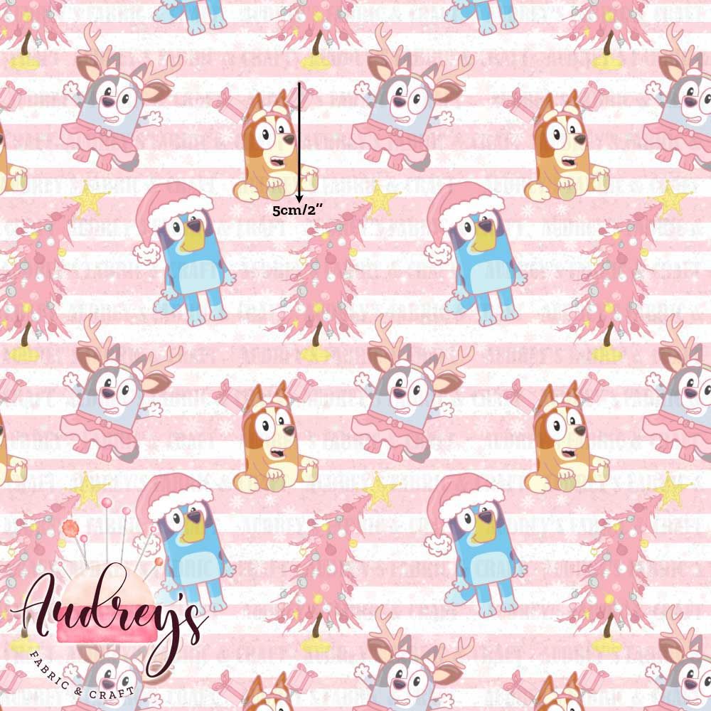Bluey, Pink Xmas | Digital-Print Custom Cotton Lycra 240gsm | 150cm wide
