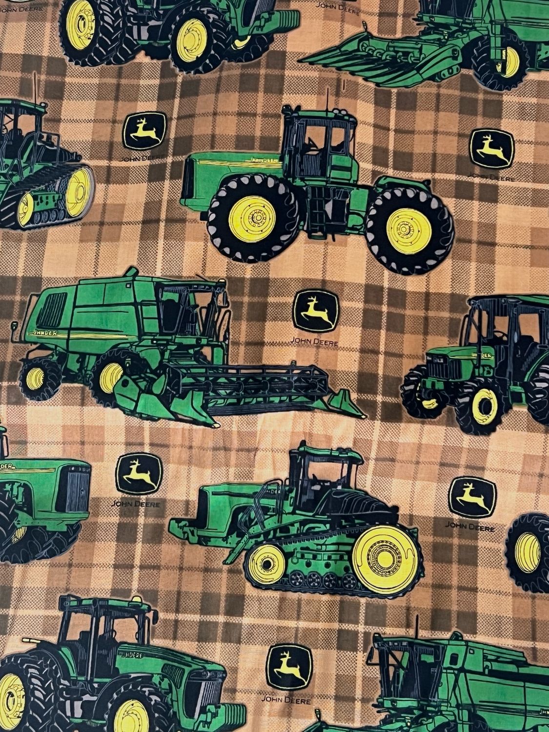 Tractors on Plaid Tan, John Deere | Licensed Quilting Cotton | 112cm wide