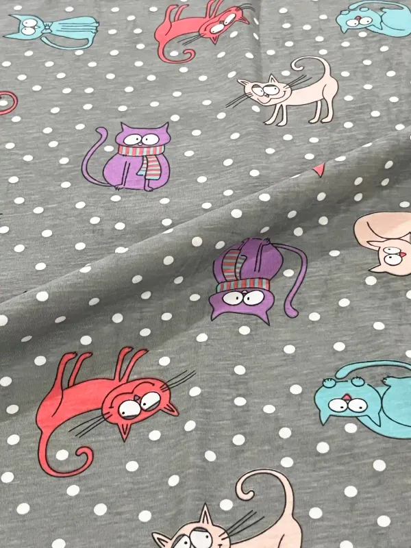 Cats on Polka | Cotton Jersey T-Shirting Fabric, 186cm Wide