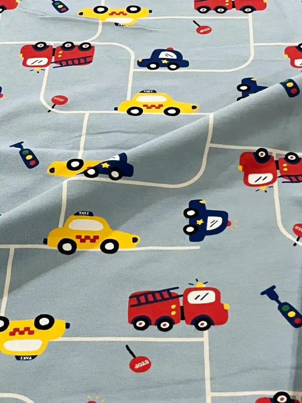 Vehicles on the Road | Cotton Lycra Fabric, 190gsm