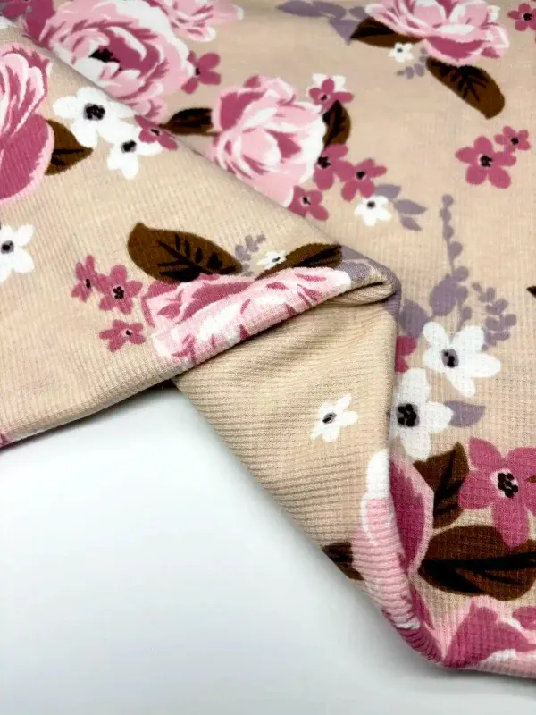 Beige Floral | Waffle Jersey Knit Fabric | 158cm Wide