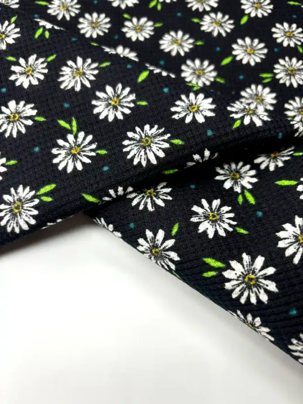 Daisy on Black | Waffle Jersey Knit Fabric | 160cm Wide