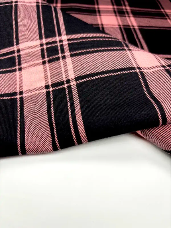 Pink &amp; Black Plaid | Cotton Lycra Fabric, 210gsm