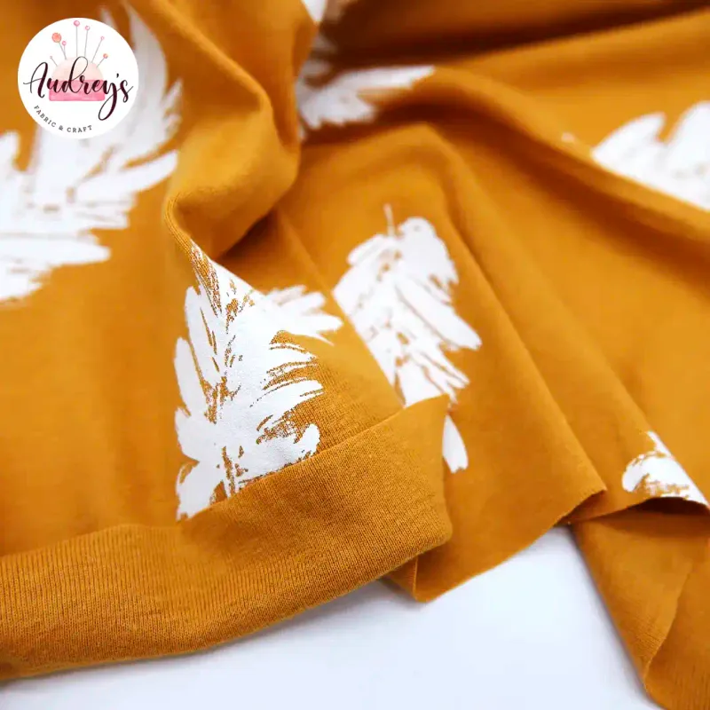 Leaves on Mustard | Cotton Jersey Interlock T-Shirting Fabric, 160cm Wide