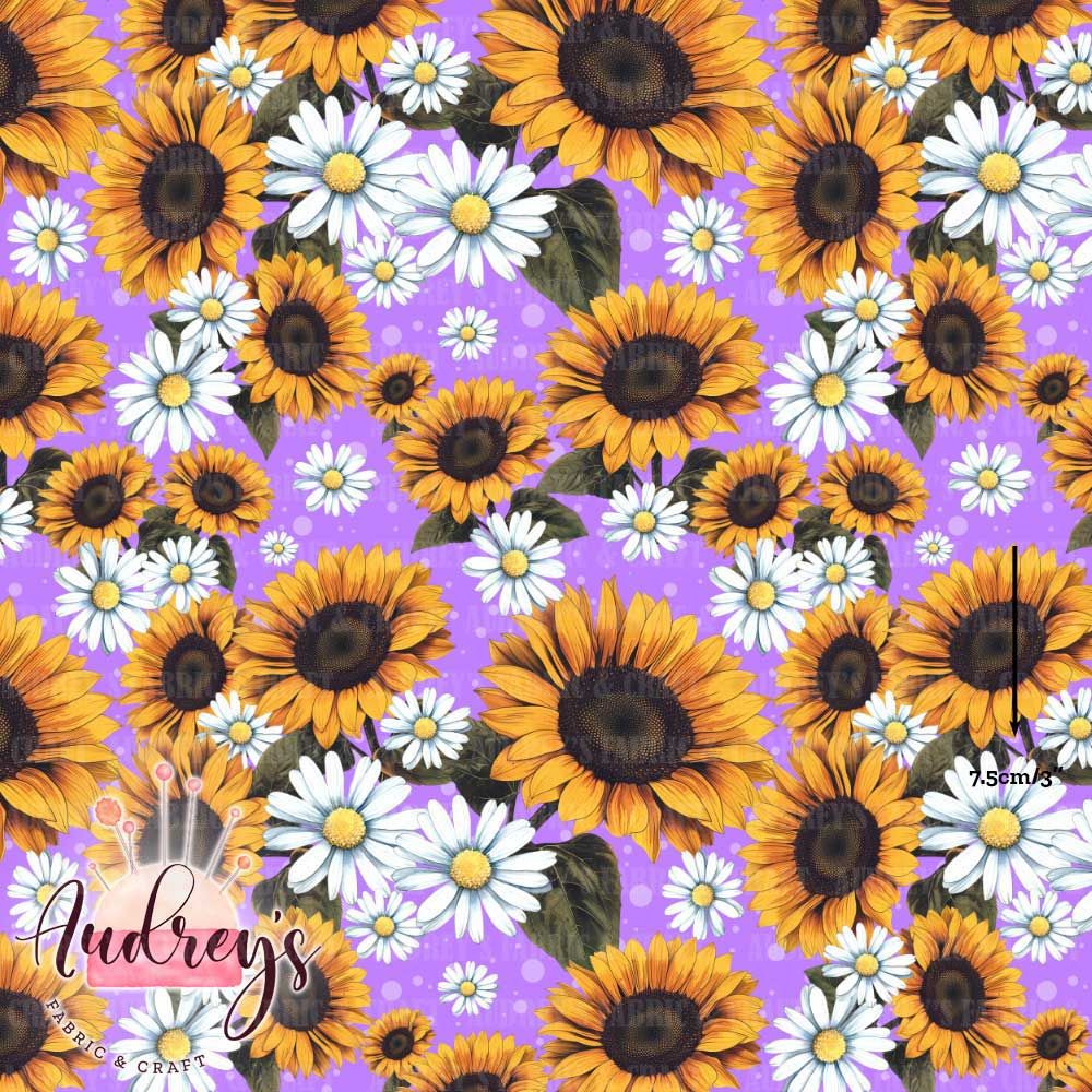 Sunflower &amp; Daisy, Violet | Digital-Print Custom Cotton Woven | 145cm wide