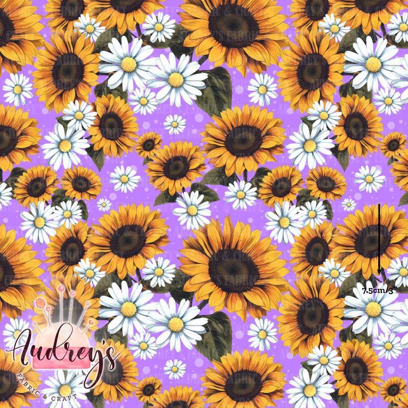 Sunflower &amp; Daisy, Violet | Digital-Print Custom Cotton Woven | 145cm wide