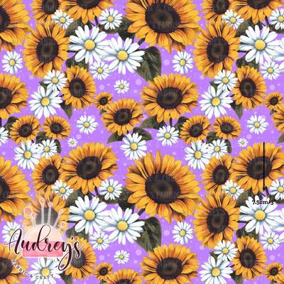 Sunflower &amp; Daisy, Violet | Digital-Print Custom Cotton Woven | 145cm wide
