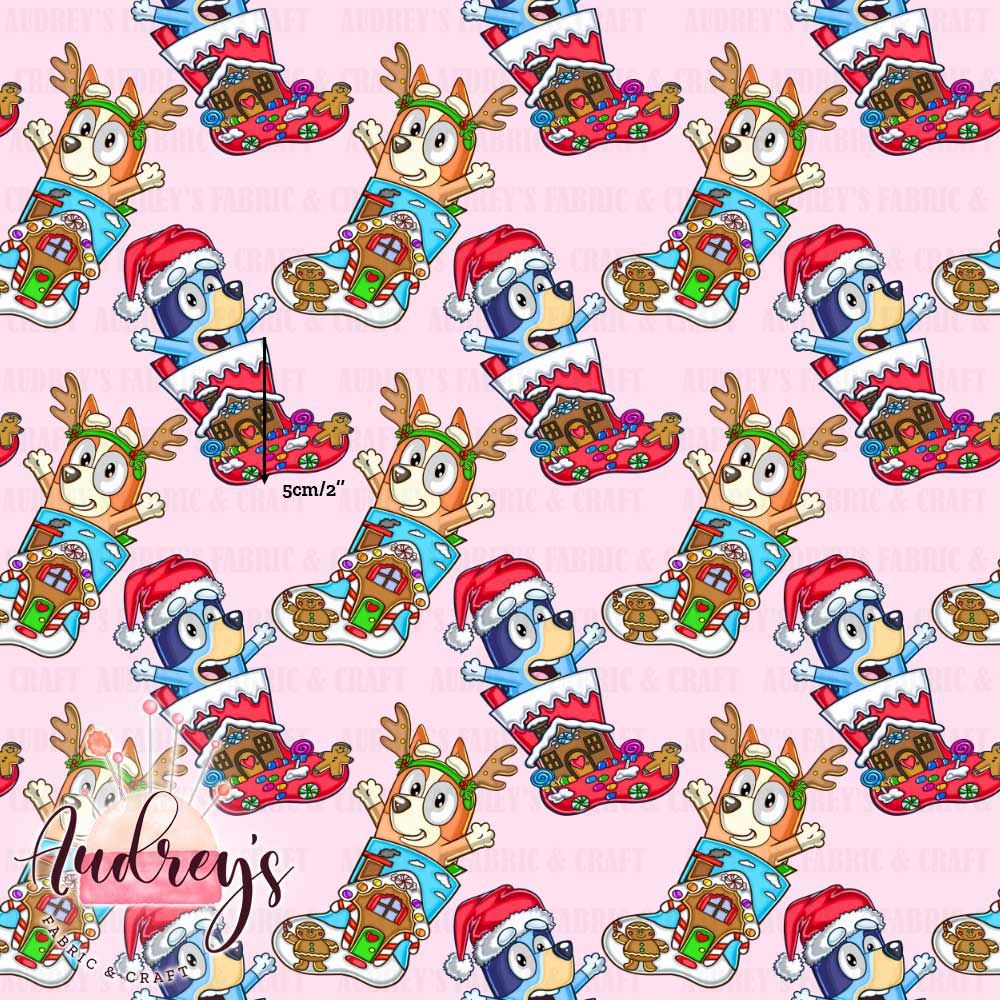 Xmas Bluey &amp; Bingo, Pink | Digital-Print Custom Cotton Woven | 145cm wide