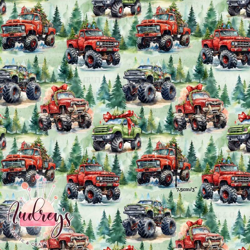 Xmas Monster Trucks | Digital Print Custom Cotton Woven | 145cm wide