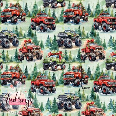 Xmas Monster Trucks | Digital Print Custom Cotton Woven | 145cm wide