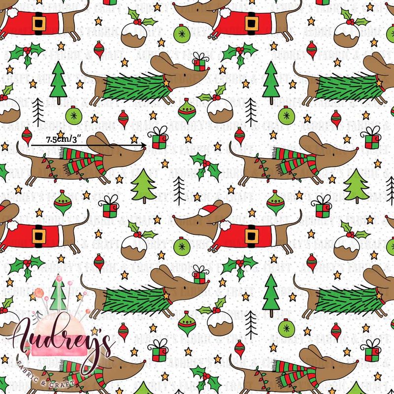 Xmas Dachshunds Doodles | Digital-Print Custom Cotton Woven | 145cm wide