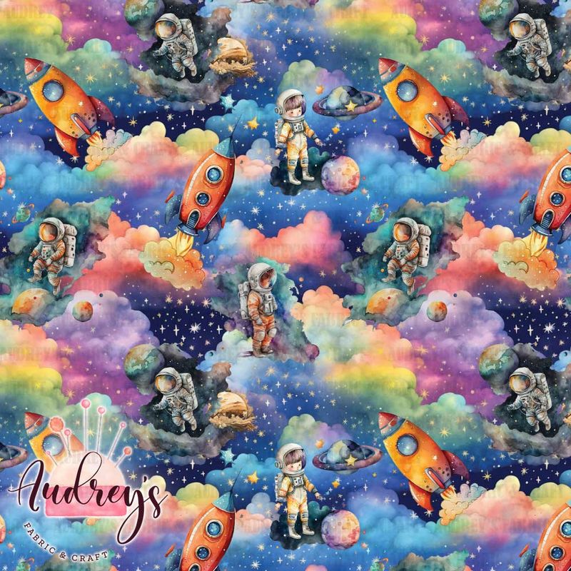Astronauts, Rainbow Galaxy Clouds | Digital-Print Custom PUL Waterproof Fabric | 150cm wide