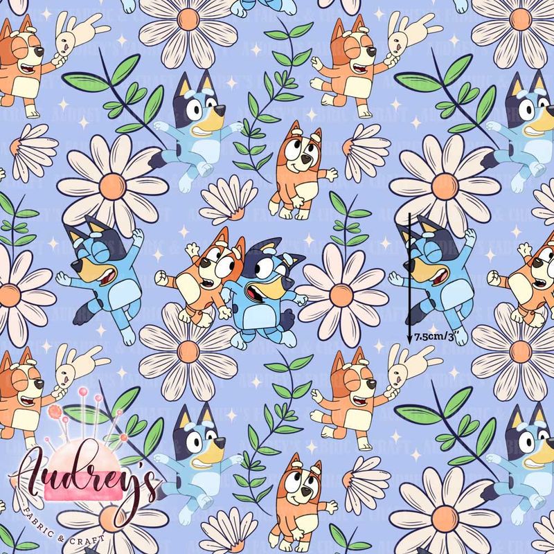 Bluey Daisies on Blue | Digital-Print Custom PUL Waterproof Fabric | 150cm wide