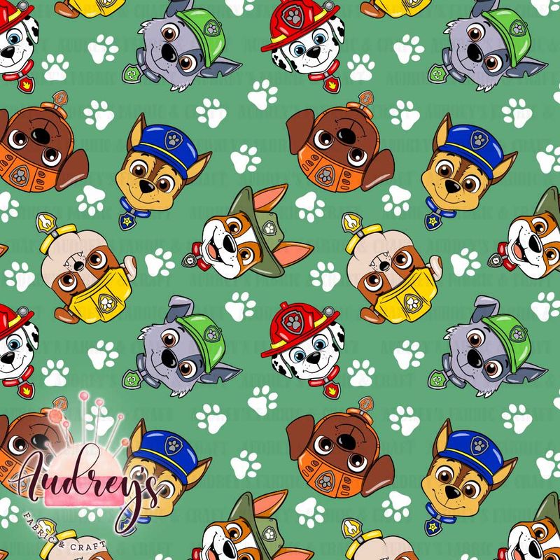 Paw Patrol Toss on Green | Digital-Print Custom Cotton Lycra 240gsm | 145cm wide