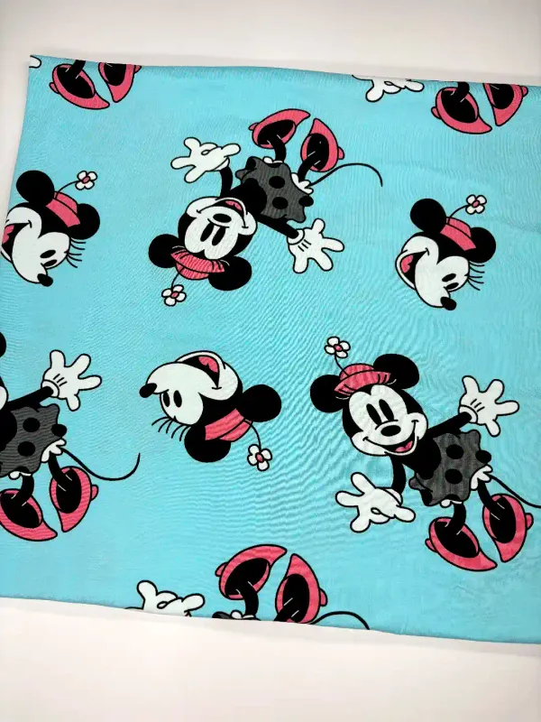 Minnie on Aqua | Licensed Cotton Lycra Fabric, 180gsm