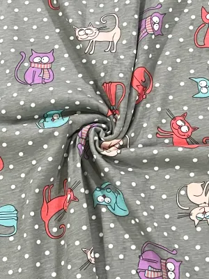 Cats on Polka | Cotton Jersey T-Shirting Fabric, 186cm Wide