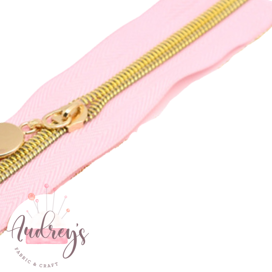 Pink Tape w/ Gold Teeth | Continuous Zipper Tape, #5 | Nylon Teeth