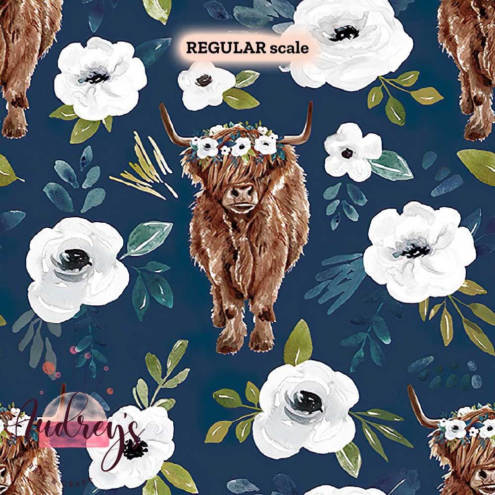 Highland Cow, Watercolour Navy | Digital-Print Cotton Woven | 145cm wide