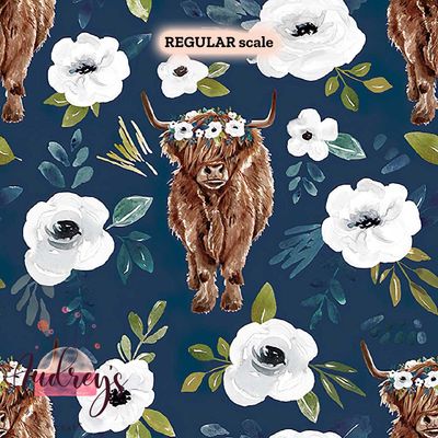 Highland Cow, Watercolour Navy | Digital-Print Cotton Woven | 145cm wide