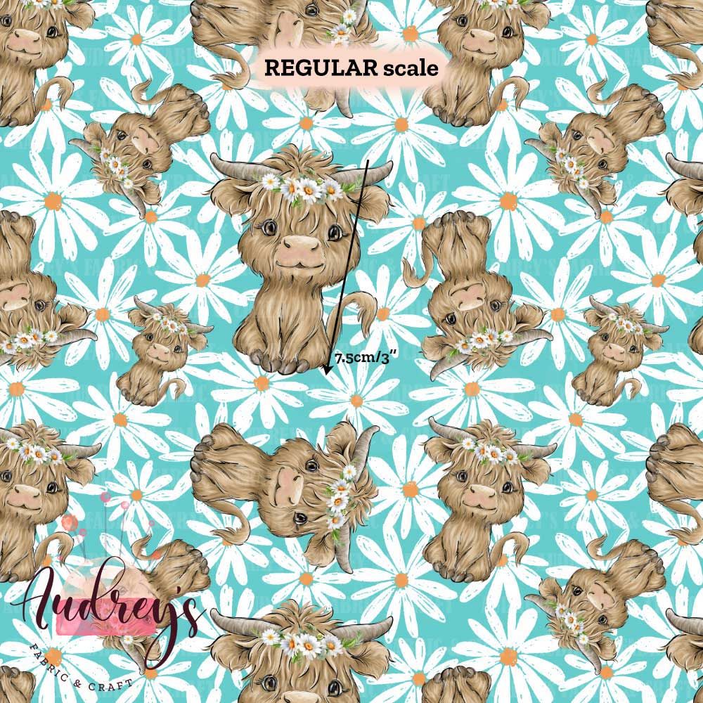 Highland Cow, Daisy | Digital Print Custom Quilting Cotton Woven | 145cm wide