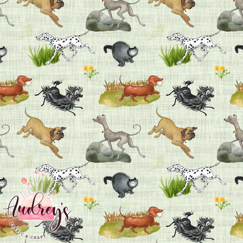 Fluffy Dog &amp; Friends, Green | Digital-Print Custom Cotton Woven | 145cm wide