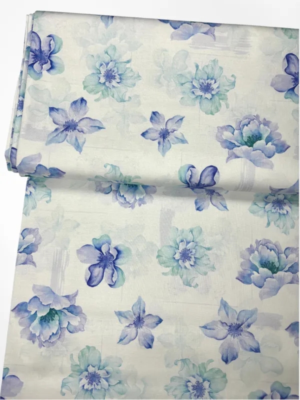 Watercolor Blue and Teal Floral | Premium Quilting Cotton | 112cm wide