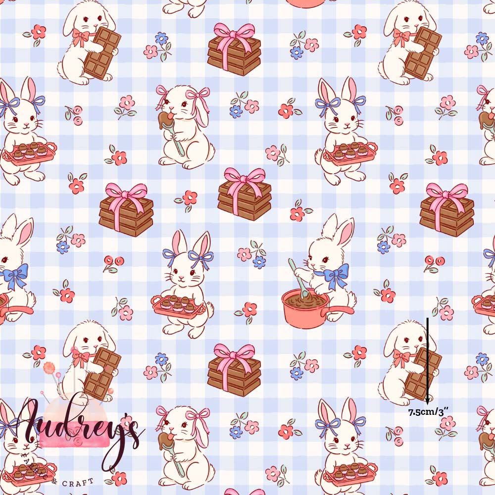 Bunny &amp; Chocolate on Gingham | Digital-Print Custom Cotton Woven | 145cm wide