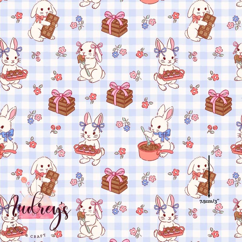 Bunny &amp; Chocolate on Gingham | Digital-Print Custom Cotton Woven | 145cm wide