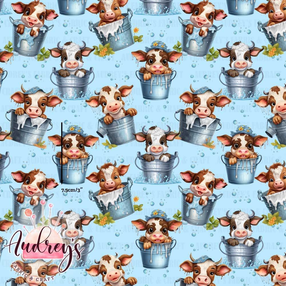 Cow in Bucket, Blue | Digital-Print Custom Cotton Woven | 145cm wide