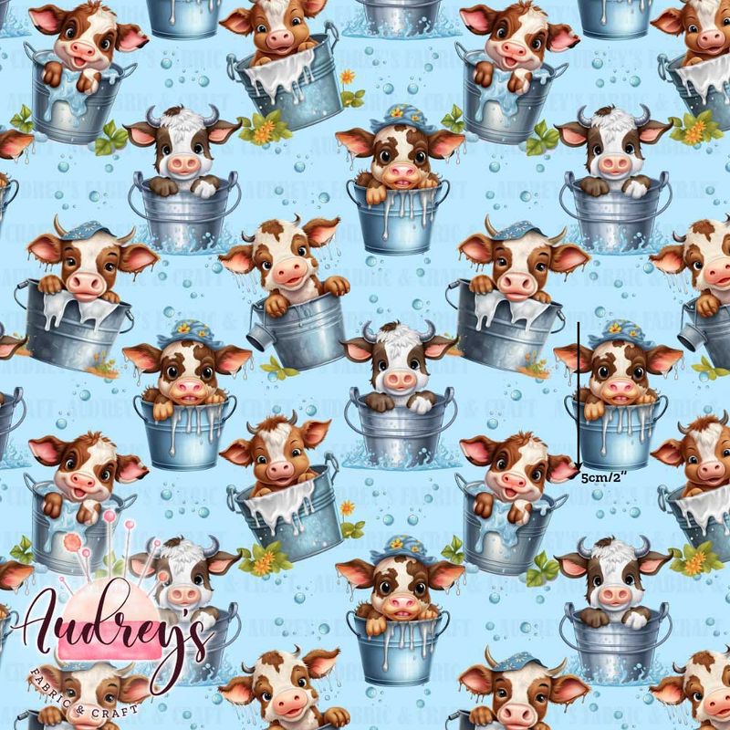 Cow in Bucket, Blue, Mini-Scale | Digital-Print Custom Cotton Woven | 145cm wide