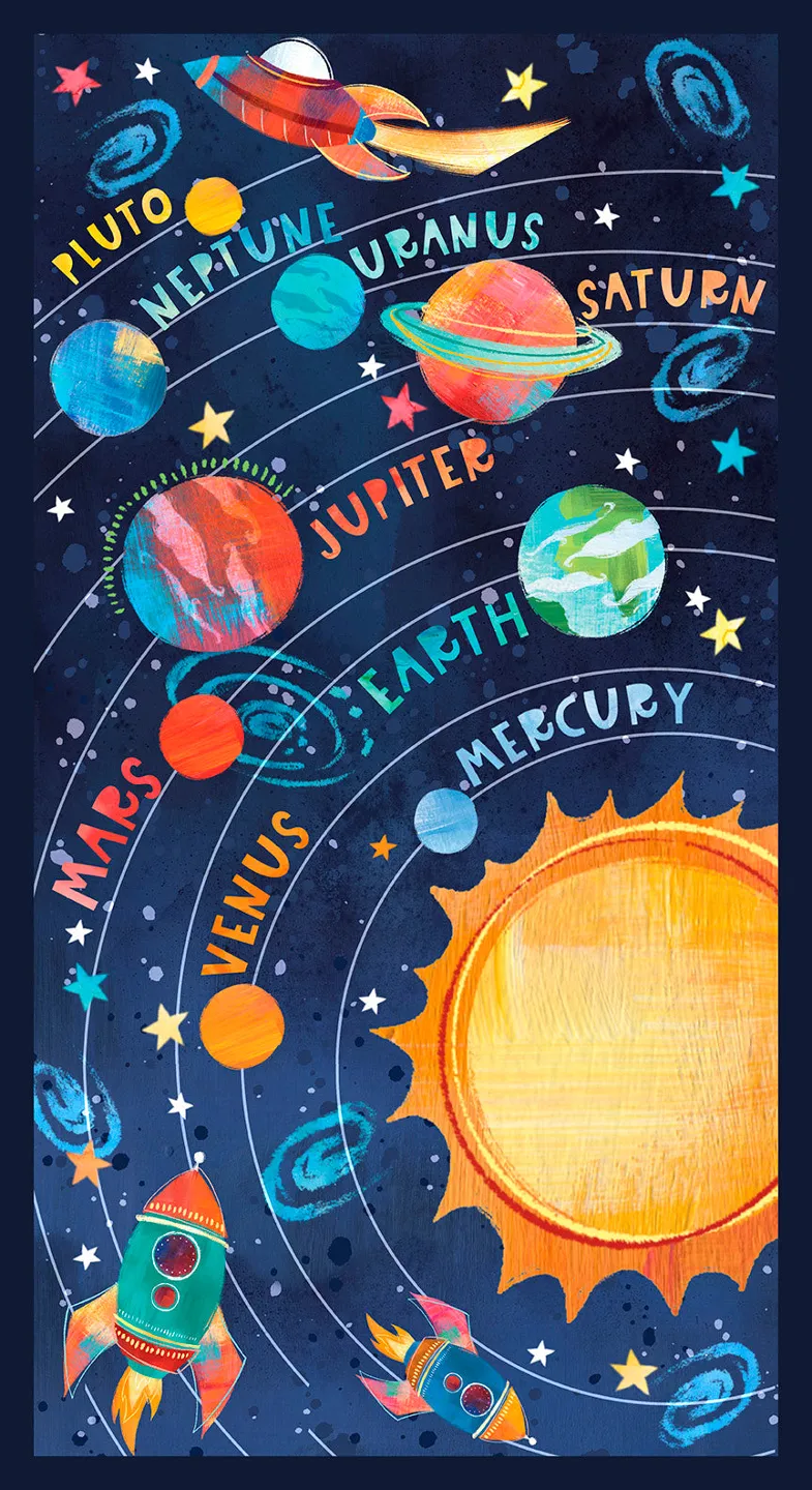 Blast Off, Space Solar System | Digital Print Quilting Cotton Panel