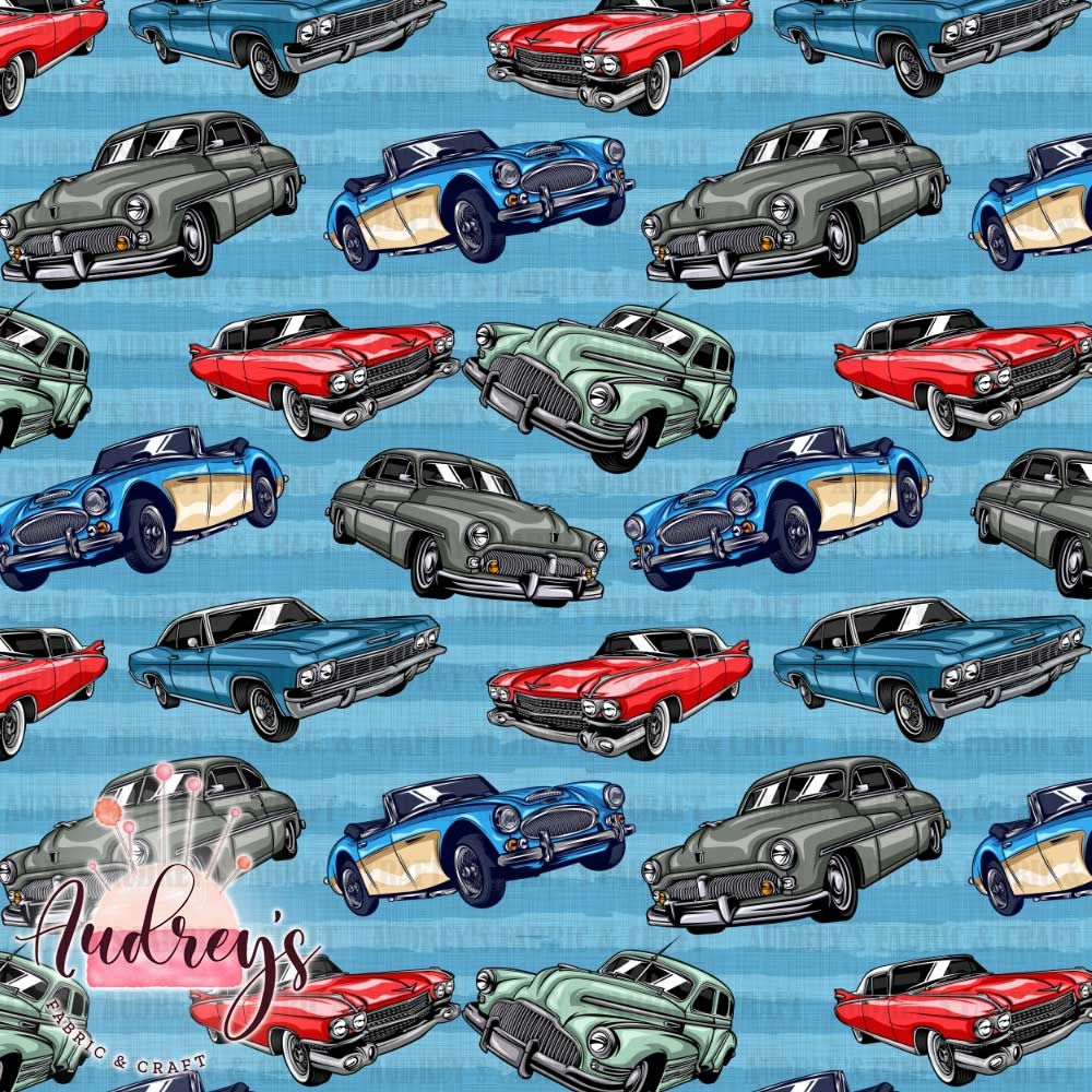 Vintage Cars on Blue | Digital-Print Custom Cotton Woven | 145cm wide
