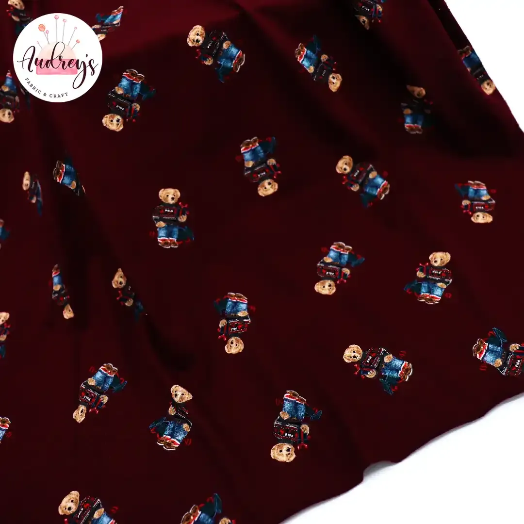 Polo Bear, Maroon | Licensed Combed Cotton Jersey T-shirt Fabric, 174cm Wide
