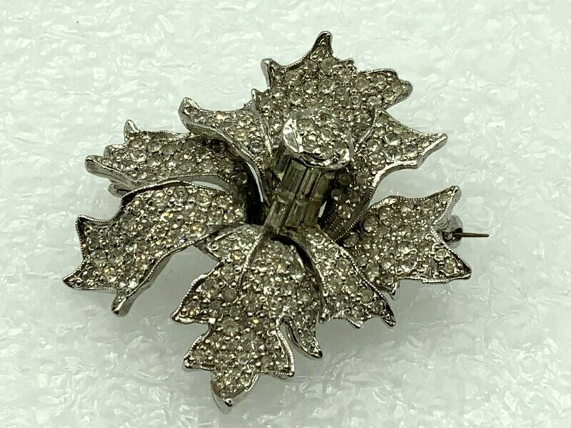 Vintage Rhodium Plated Crystal Orchid Brooch