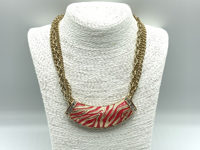 1980's Gold Tone and Pink Enamel Tiger Pattern Collar Necklace