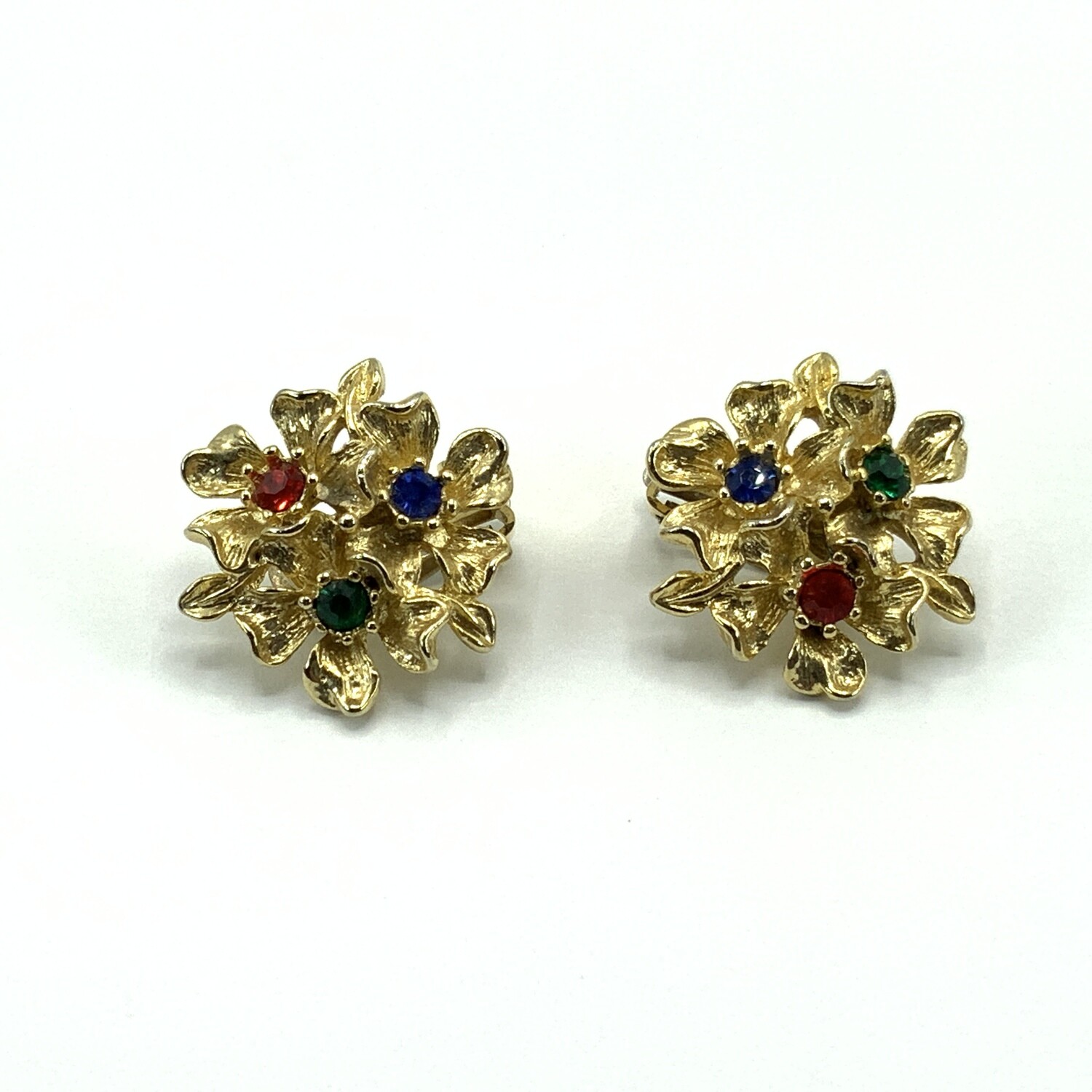 Vintage Gold Tone Floral Glass Stone Clip-on Earrings