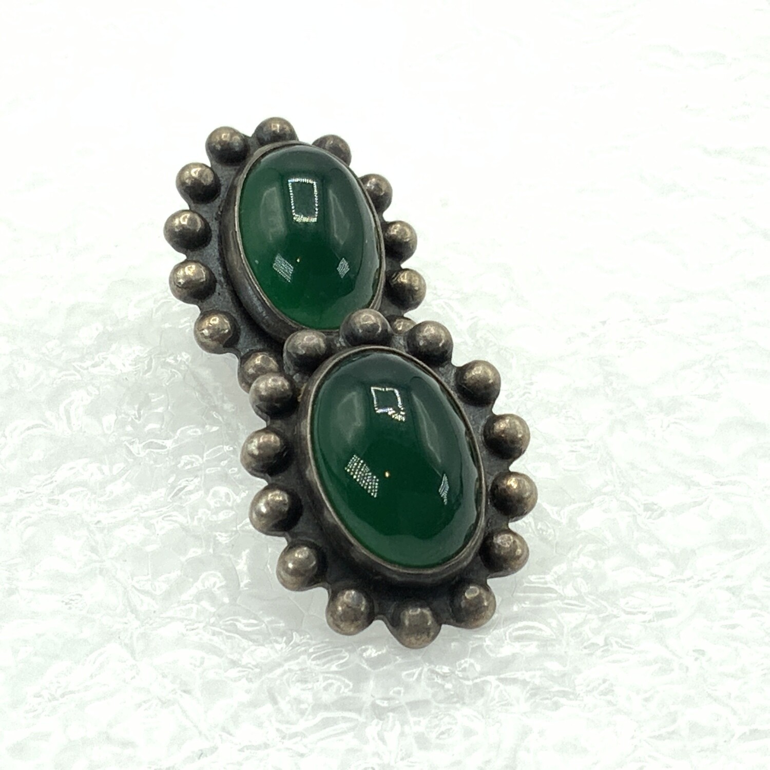 Vintage Pewter, Emerald Green Glass Cabouchon Earrings