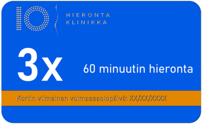 3x60 min hierontasarjakortti kehonhuoltoon Espoossa – Hieronta IO-Klinikka