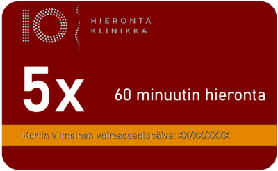 5x60 min hierontasarjakortti säännölliseen hoitoon – Espoo | Hieronta IO-Klinikka
