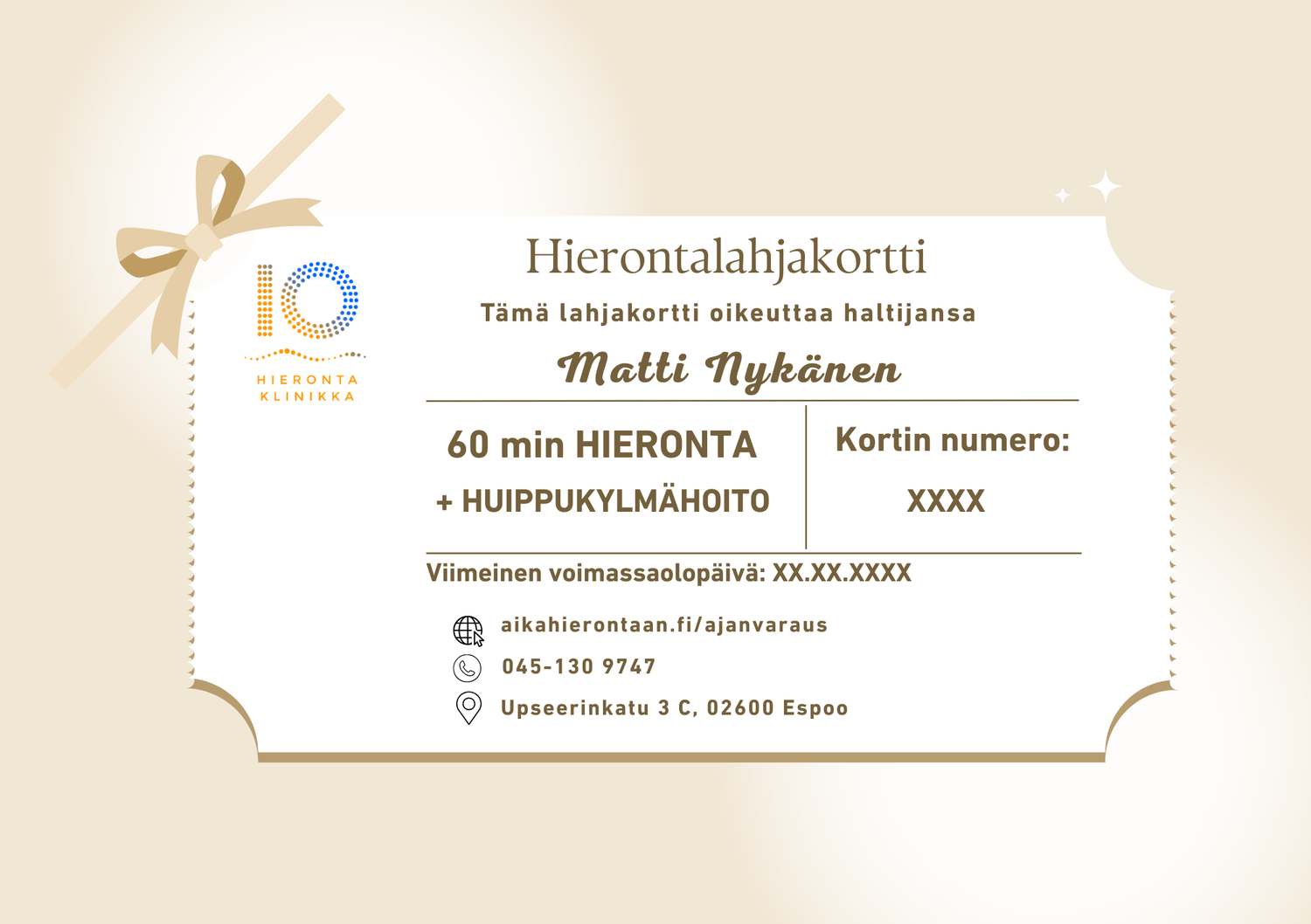 Hierontalahjakortti 60 minuutin hoitoon ja X°CRYO™-kylmähoitoon – virkistävä lahja Espoossa