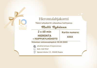 2x 60 min hieronta + X°CRYO™ – hyvinvointipaketti lahjaksi kehon palautumiseen