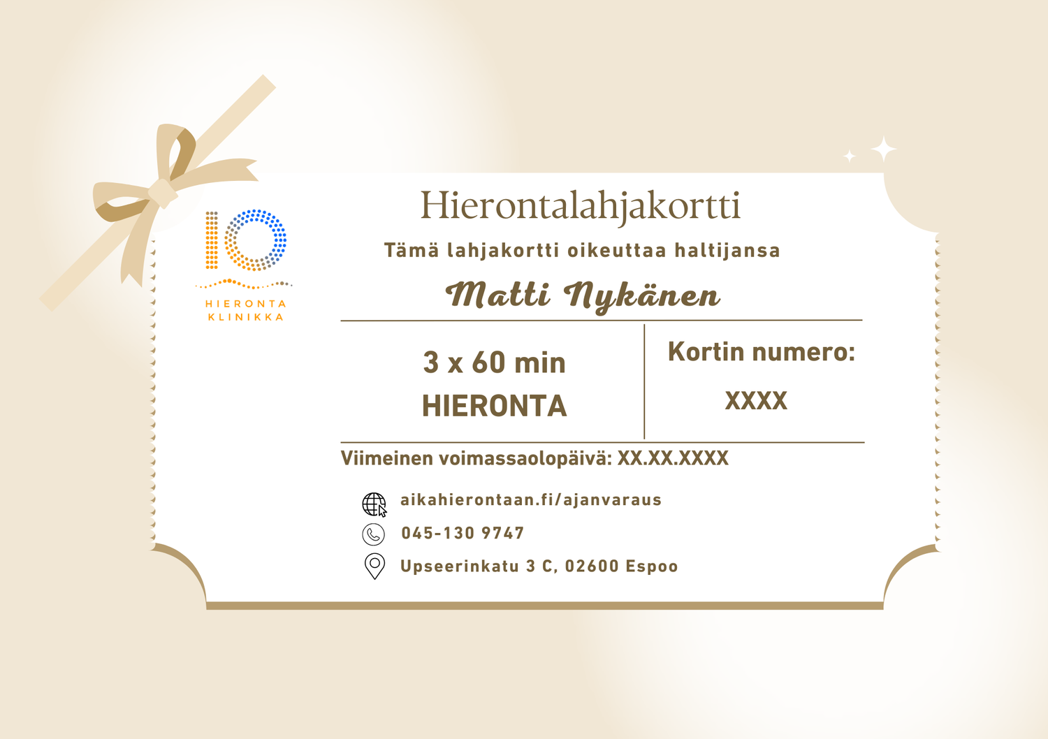 Kolmen kerran 60 minuutin hierontalahjakortti – jatkuvaa kehonhuoltoa lahjana