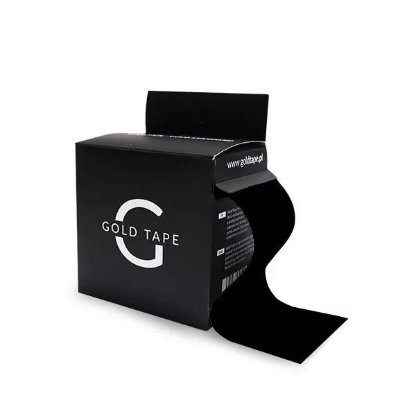 Musta kinesioteippi LineSport-tuotepakkauksessa – teippiä vedetty esiin käyttövalmiiksi