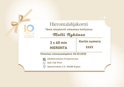 Kolmen kerran 60 minuutin hierontalahjakortti – jatkuvaa kehonhuoltoa lahjana