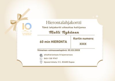 60 min lahjakortti klassiseen tai urheiluhierontaan – sähköinen toimitus nopeasti!