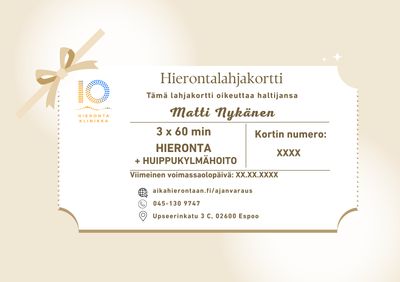 Hierontalahjakortti 3 × 60 min + X°CRYO™-kylmähoito – tehokas lahja palautumiseen ja kehonhuoltoon Espoossa