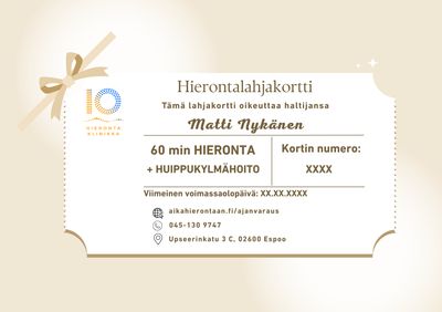 Hierontalahjakortti 60 minuutin hoitoon ja X°CRYO™-kylmähoitoon – virkistävä lahja Espoossa