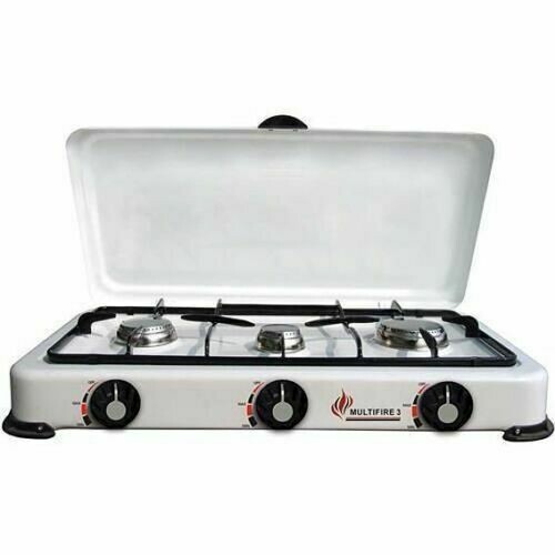 Fornello a gas 3 Fuochi Bombola Gpl Bianco Acciaio con Coperchio Multifire 3N